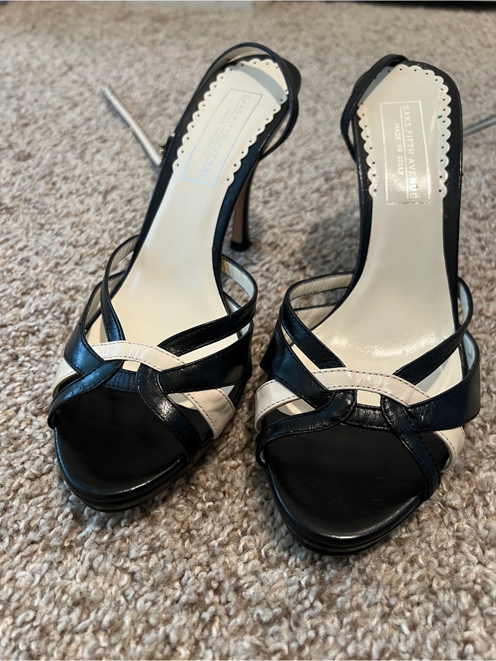 Saks Fifth Avenue Black and Cream Strappy High Heel Sandals